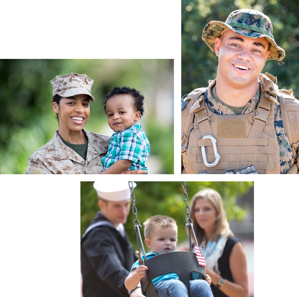 Three images of military members and their families